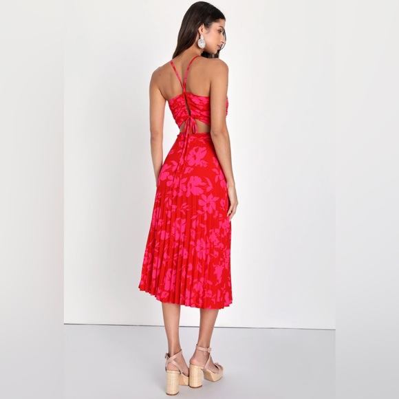 Lulus Vibrant Moment Red and Pink Floral Pleated Lace-Up Midi Dress size M - Picture 5 of 14